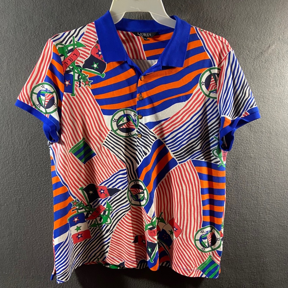 Lauren Ralph Lauren Polo Shirt Nautical Flag Stripe Cotton XL preppy americana